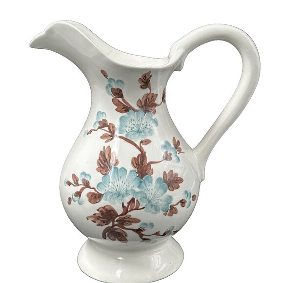 Large Blue and Brown Ceramic Floral Pitcher made in Italy 11.25" Tall - Picture 1 of 6